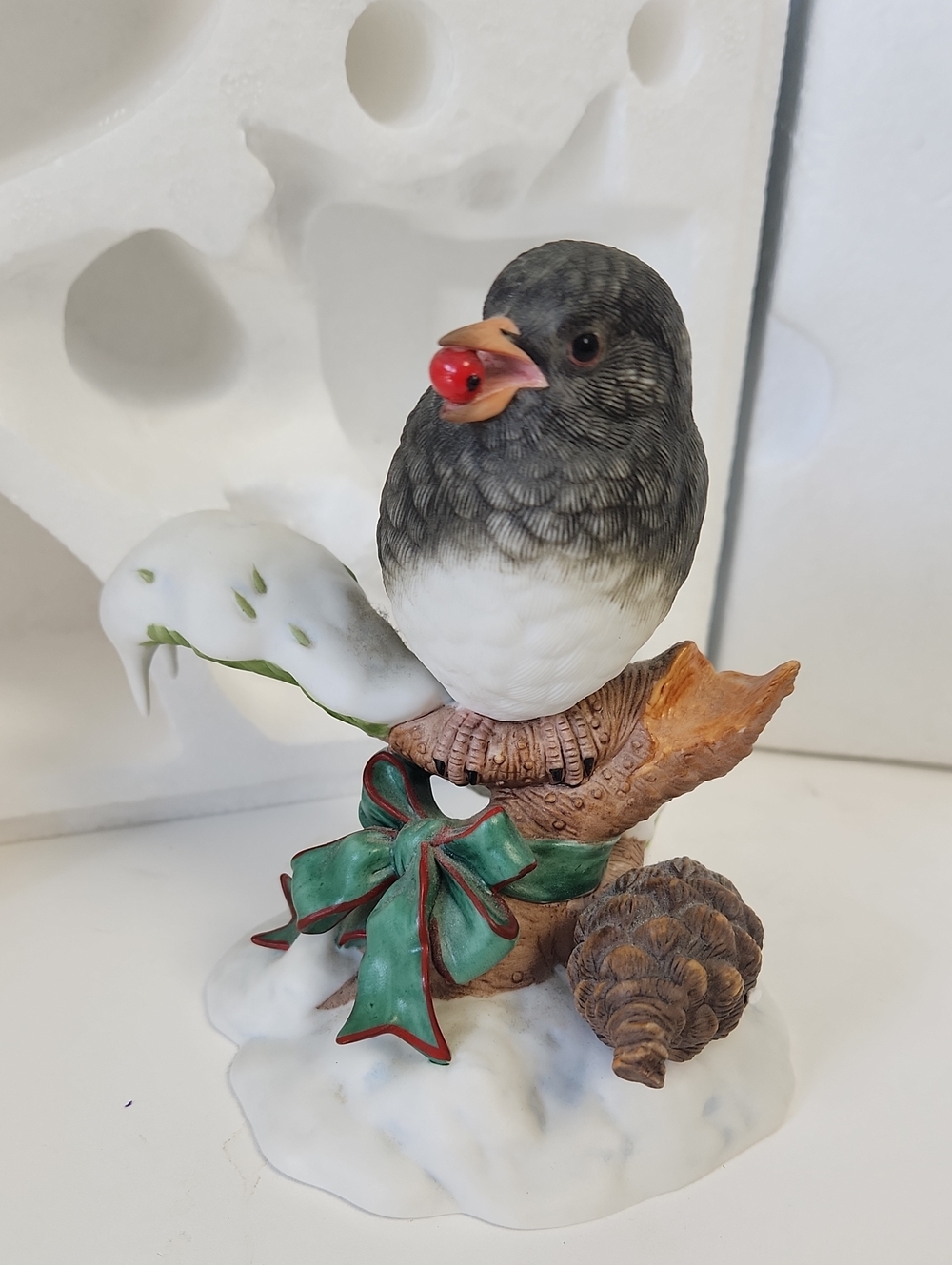 Lenox Gray and White Songbird Figurine with Green Bow and Red Berry